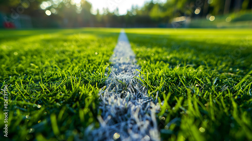 Detailed View of Fresh Mown Grass on a Football Pitch with Clear White Line Marking photo