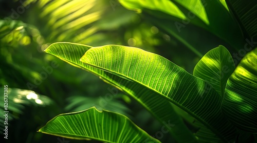 Detailed Close Up View of Sunlit Tropical Leaves Showing Textured Surfaces in Rich Green Shades