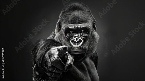 Animated dancing gorilla pointing at the camera with one paw,Scratch board imitation in black and white., © Emil
