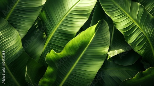 Sun dappled Tropical Leaf Textures in Rich Green Shades, A Detailed Close up