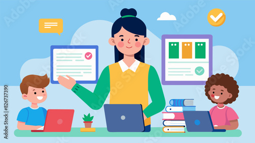A middle school teacher assigns a class project for students to create and present a digital budget plan for a fictional virtual household.. Vector illustration