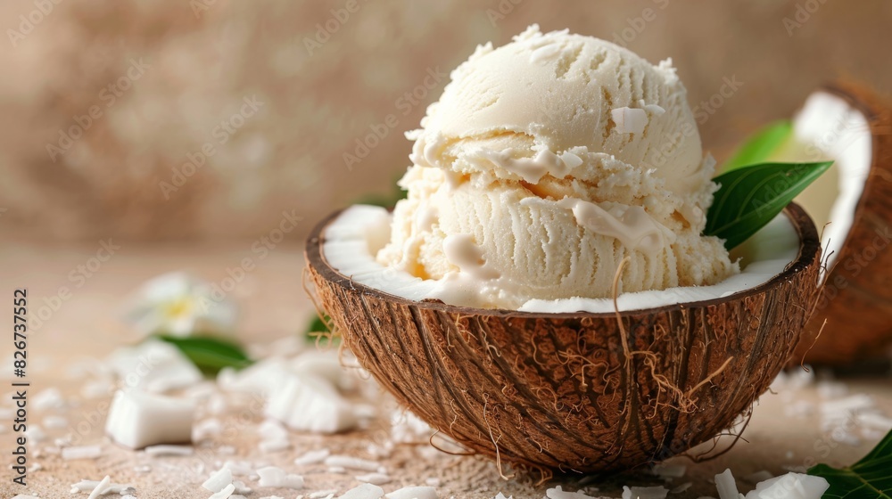 Scoop of Coconut Ice Cream in a Shell on a Gradient Beige Background with Copy Space Scoop of Coconut Ice Cream in a Shell on a Gradient Beige Background with Copy Space