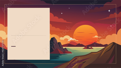 A postcard with a stunning sunset scene and a short poem about taking time to appreciate the beauty of nature incorporated into a page filled with. Vector illustration