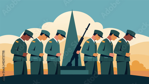A group of soldiers their rifles propped upright against the memorial bow their heads in a moment of silence.. Vector illustration