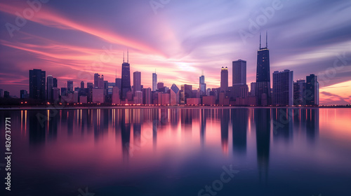 Chicago Downtown Skyscraper Skyline at Sunset