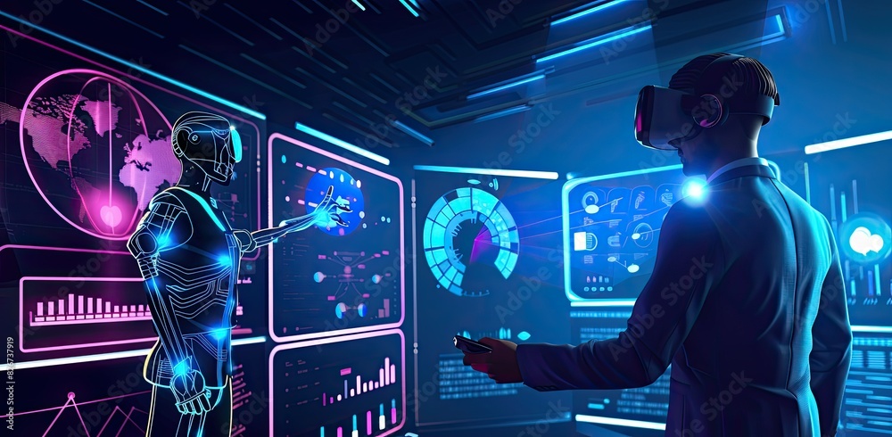 Obraz premium Advanced Virtual Reality Collaboration with AI Robot