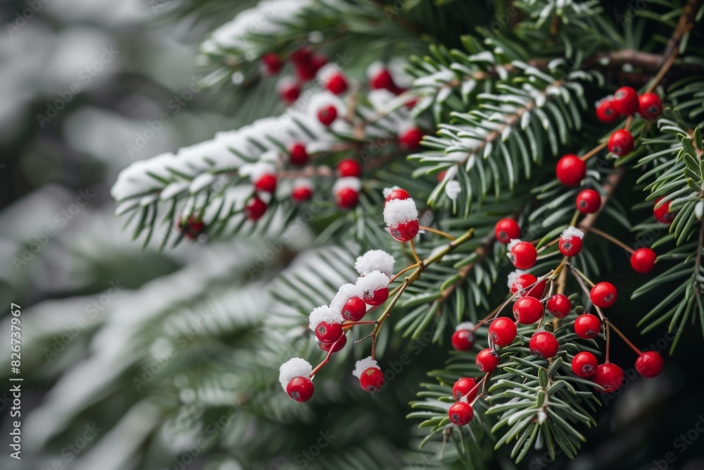 White new year background, pine with red berries, green tree White new year background, pine with red berries, green tree