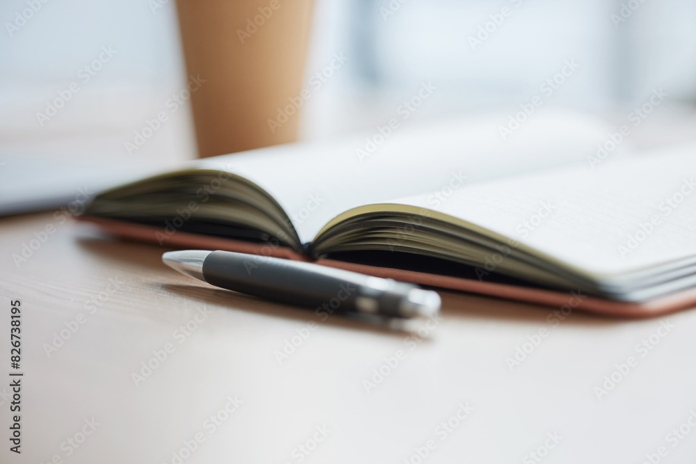 Notebook, pen and coffee for planning, agenda or schedule for interior decoration of minimalist office. Empty, desk and still life with stationery, journal and cup for calendar or productivity Notebook, pen and coffee for planning, agenda or schedule for interior decoration of minimalist office. Empty, desk and still life with stationery, journal and cup for calendar or productivity