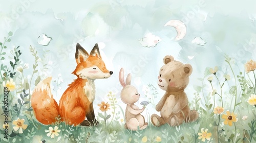 Charming Baby Nursery Watercolor Illustration Featuring Joyful Fox, Frolicsome Rabbit, and Tender Bear in Subtle Pastels with Serene Sky Backdrop