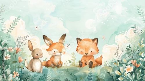 Charming Nursery Room Watercolor Illustration Featuring Joyful Fox  Playful Rabbit  and Tender Bear in Soft Pastels with a Whimsical Sky Backdrop