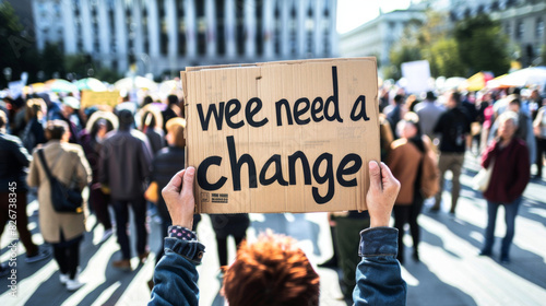 Person at protest holding a sign for social change amidst a crowd