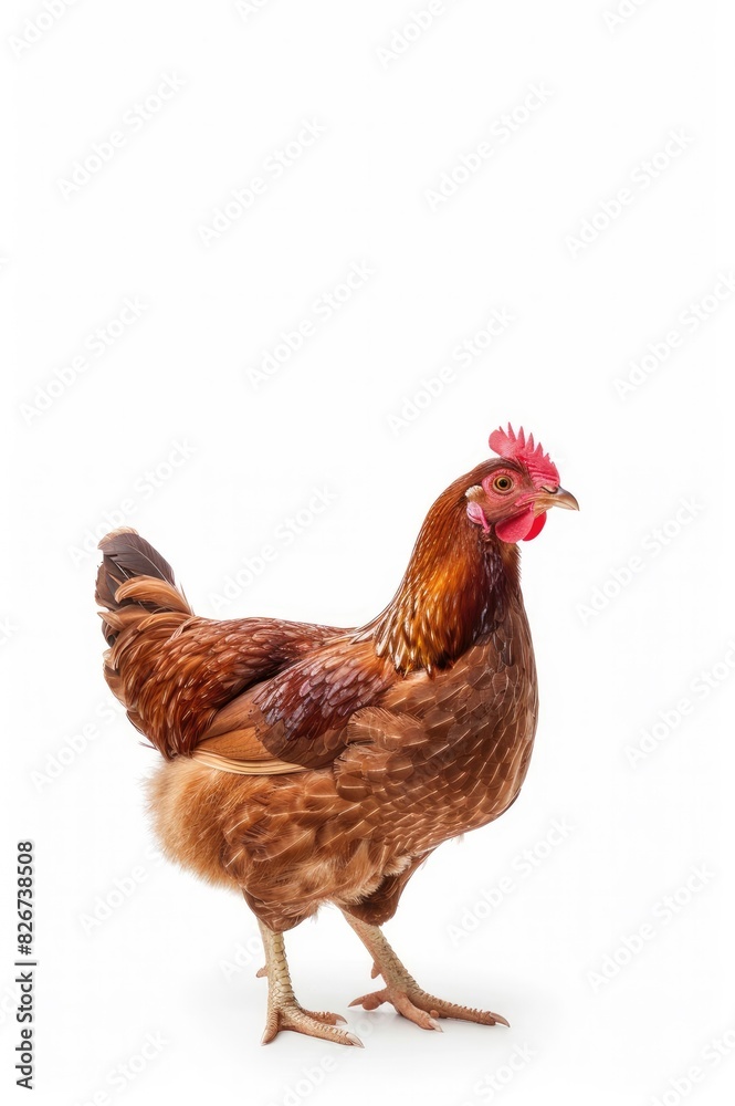 A chicken stands on a white background