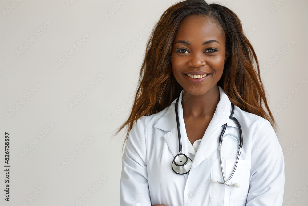 A smiling black woman wearing a white lab coat and a stethoscope. African doctor, nurse and medical student. College and university