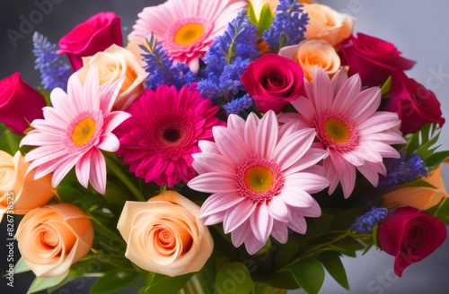 bouquet of flowers from gerberas and roses. Beautiful floral background