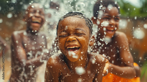 Children having fun and laughing while playing in water splashes on a sunny day