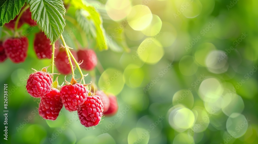 Close Up of Juicy Ripe Raspberries on a Plant with Blurred Green Background and Copy Space Close Up of Juicy Ripe Raspberries on a Plant with Blurred Green Background and Copy Space