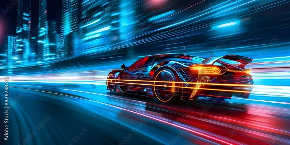 Neon cyber city at night: Futuristic car speeding with glowing light trails. Concept Futuristic Cars, Neon Lights, Night Cityscape, Light Trails, Cyberpunk Atmosphere