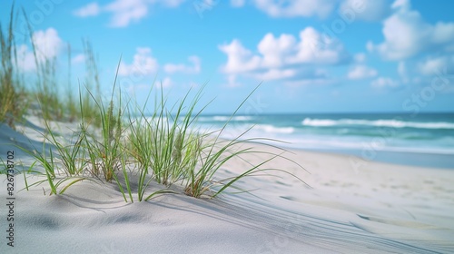 Close Up Image of Coastal Sand Dunes with Seaside Vegetation, Surf, and Distant Horizon