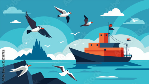 Seabirds circled above and swooped down to investigate the ship curious about this strange new addition to their ocean home.. Vector illustration