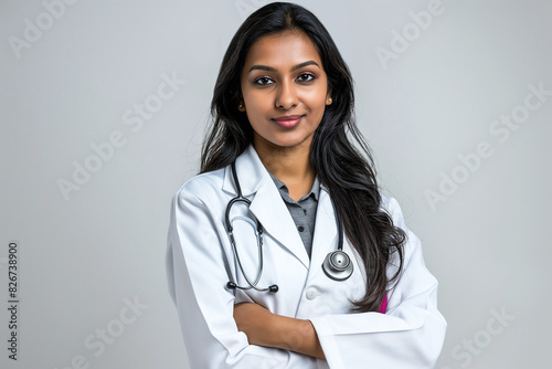 An indian woman in a white lab coat is posing for a picture. Doctor, nurse and medical student. College and university