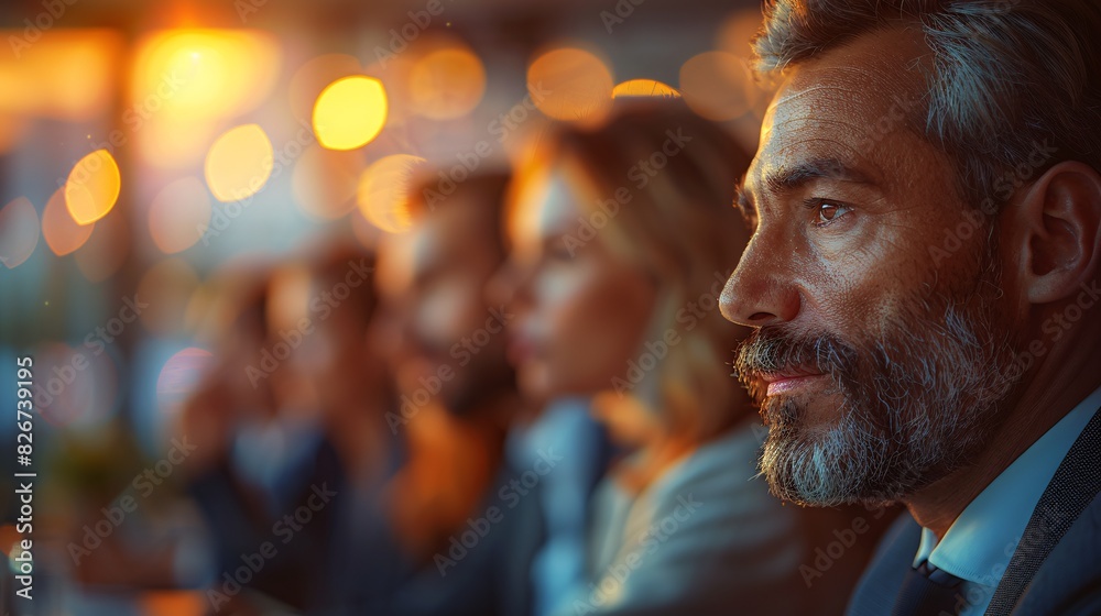 Business Professionals in Evening Meeting With Focused Mature Man in Foreground Business Professionals in Evening Meeting With Focused Mature Man in Foreground