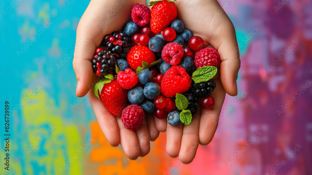 Gentle Grasp on an Assorted Selection of Bright Wild Berries Against a Colorful Gradient Backdrop Gentle Grasp on an Assorted Selection of Bright Wild Berries Against a Colorful Gradient Backdrop