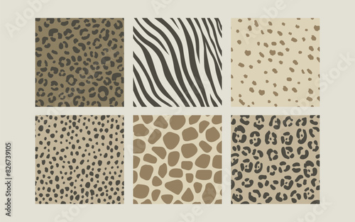 Animal skin seamless pattern collection. Flat vector predator and mammal fur swatch set. Square tile of leopard, zebra, lynx, cheetah, giraffe and jaguar print.