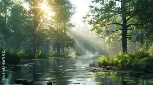 Natural beauty of a forest with a river and sunlight filtering through the trees under a clear sky