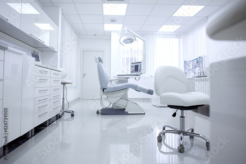 A clean and sterile dental office with white walls and furniture