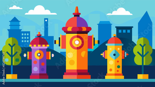 The local fire hydrants have been painted in bright colors and patterns blending in seamlessly with the colorful street art in the neighborhood.. Vector illustration