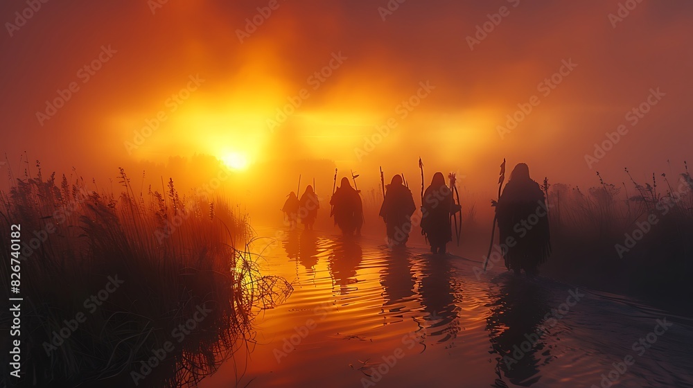 huntergatherer band traversing a misty marshland at dawn photographed with silhouette techniques to evoke a sense of mystery
