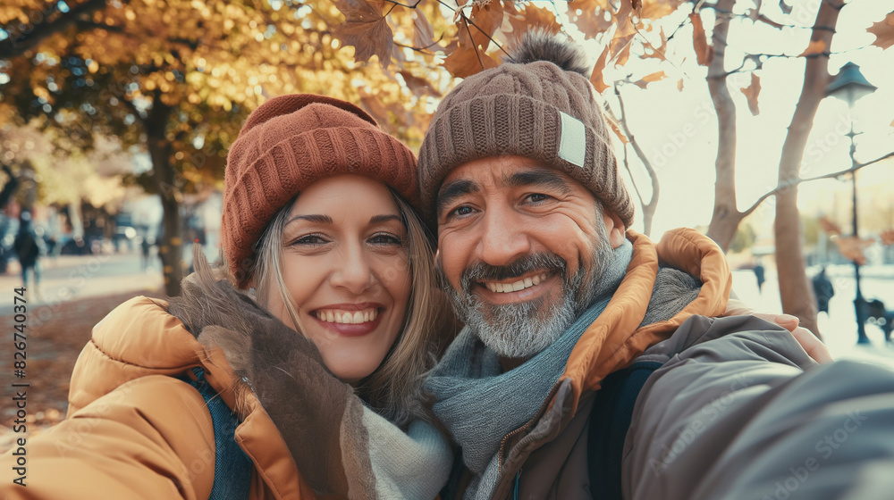 Happy couple middle age of tourist taking selfie picture together with leaves wall in background exploring city and destination. Traveler have fun in relationship. People and lifestyle with love Happy couple middle age of tourist taking selfie picture together with leaves wall in background exploring city and destination. Traveler have fun in relationship. People and lifestyle with love