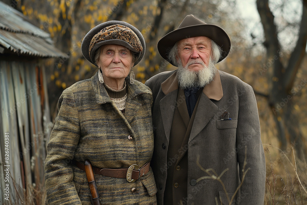 Two elderly russian people are standing next to each other, one wearing a hat Two elderly russian people are standing next to each other, one wearing a hat