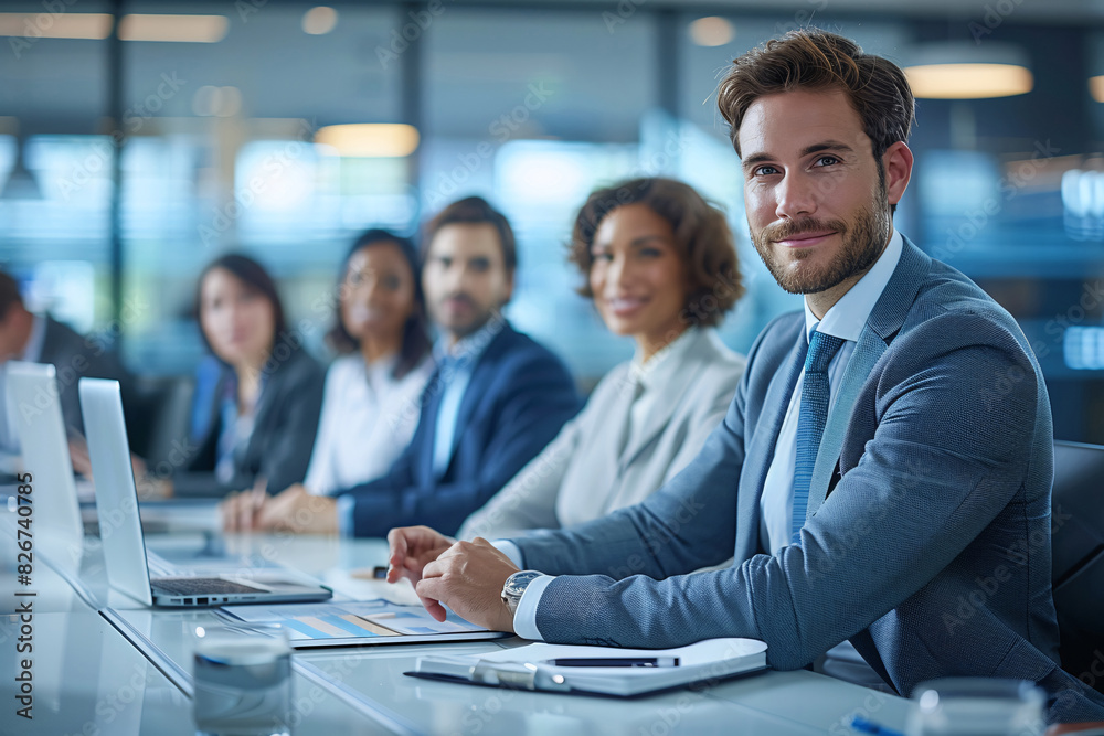 Confident Business Team Engaged in Meeting in Modern Office Setting Confident Business Team Engaged in Meeting in Modern Office Setting