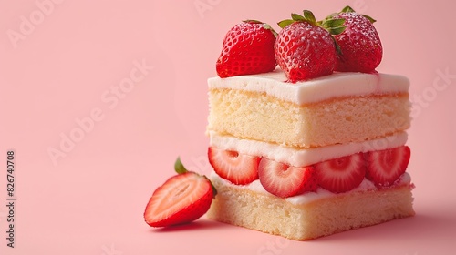 Simplified Strawberry Shortcake Slice on Soft Pink Background with Empty Text Space