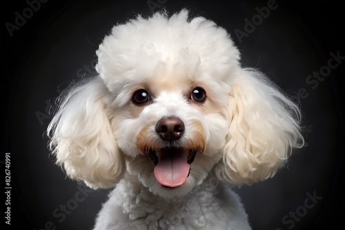 a white toy poodle with a happy expression, looking at the camera, mouth slightly open, tongue hanging out, well-groomed, fluffy white coat, solid black background