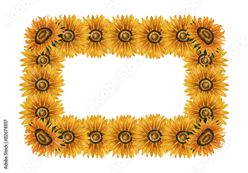 Watercolor sunflowers frame. Rectangular border with yellow flowers. Summer floral composition.  Autumn flowers arrangement. Hand drawn botanical illustration. Design element for postcard, invitation,