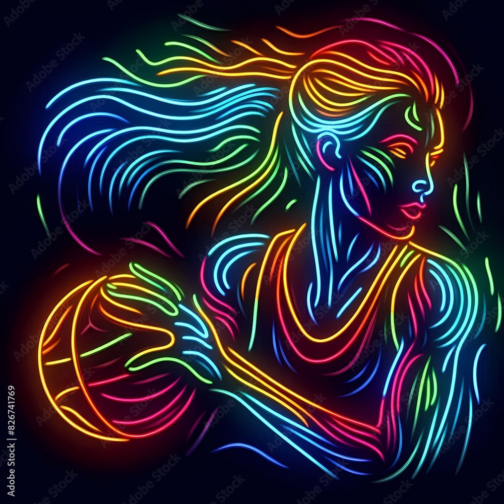 Neon Line Art of Basketball Player in Action Neon Line Art of Basketball Player in Action