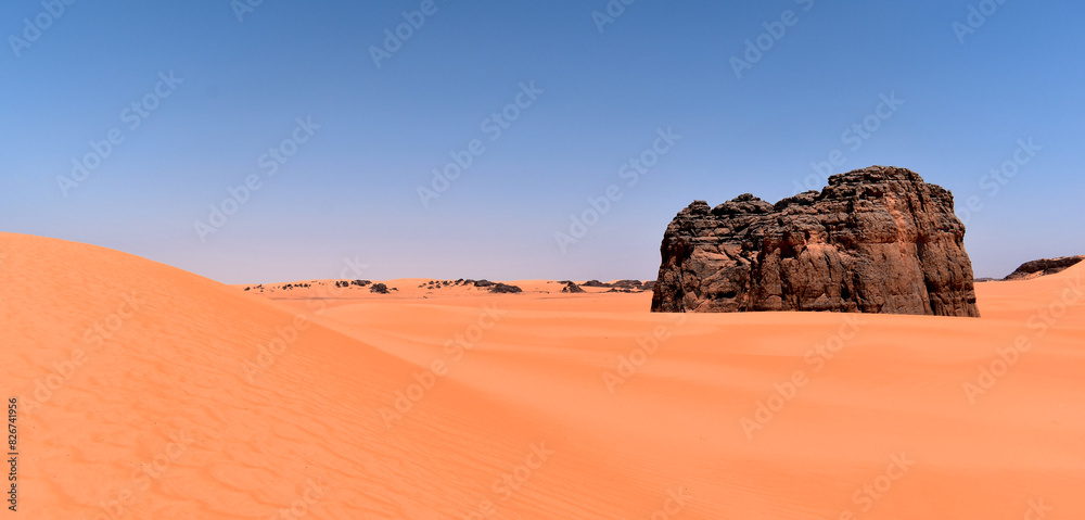 Panorama of the Algerian Sahara with dunes and rock formations