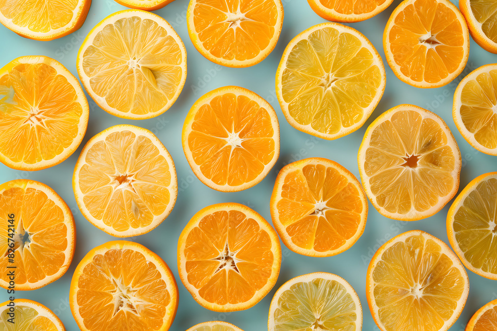 A visually appealing pattern of fresh orange slices, evenly arranged in a repetitive layout. The oranges are thinly sliced, showcasing their juicy, bright orange interiors. The background is a soft pa A visually appealing pattern of fresh orange slices, evenly arranged in a repetitive layout. The oranges are thinly sliced, showcasing their juicy, bright orange interiors. The background is a soft pa