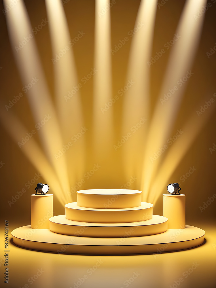 Fototapeta premium Abstract yellow stage with one round podium in light beam with light spot mockup for presentation cosmetic products, Generative AI
