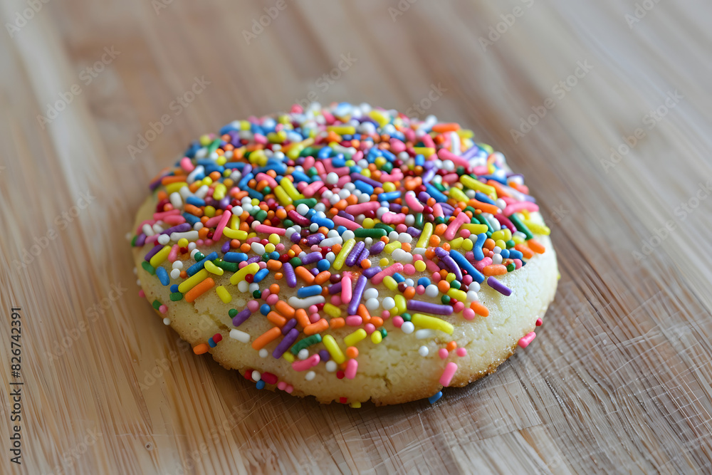 funfetti cookies embedded with rainbow sprinkles (rod-shaped only) on a light wooden table funfetti cookies embedded with rainbow sprinkles (rod-shaped only) on a light wooden table