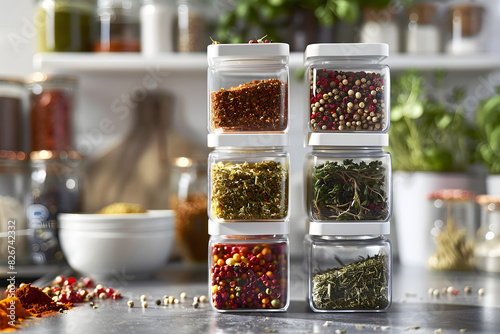 In a modern kitchen setting with a great ambiance, three sets of five stacked transparent glass rectangular spice jars with white lids are displayed, filled with spices and seasonings. photo