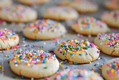 funfetti cookies embedded with rainbow sprinkles (rod-shaped only) on a light wooden table