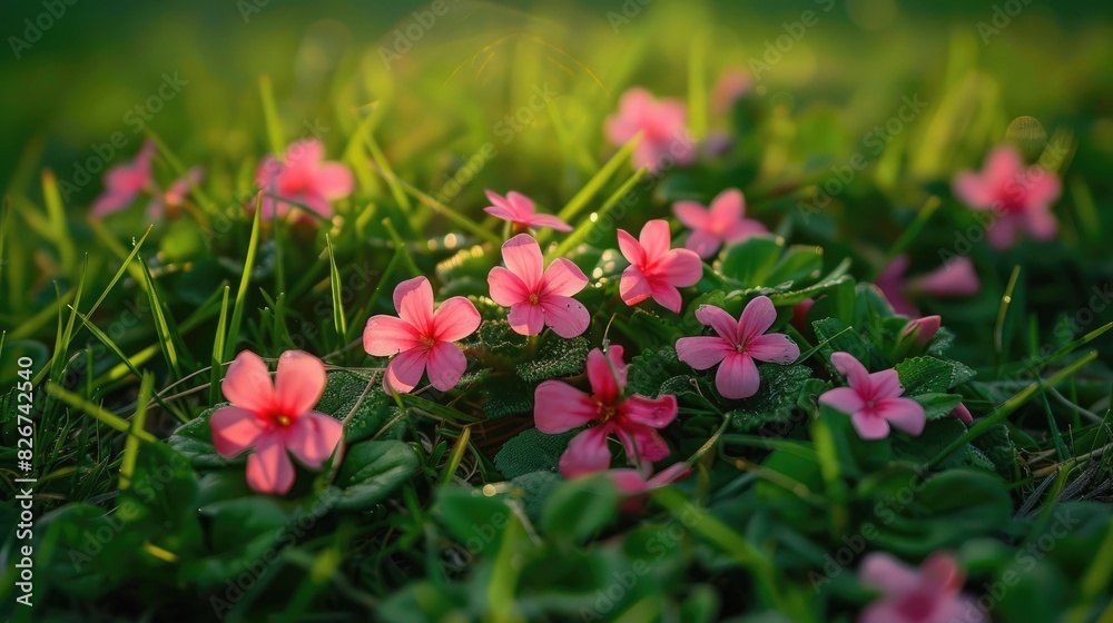 Flowers that are pink growing on the grass