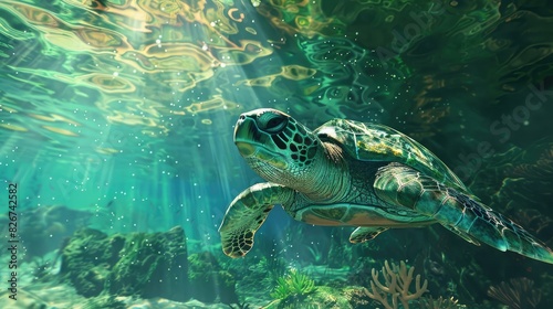 World Oceans Day A turtle swimming under the ocean Generative AI © Alizeh