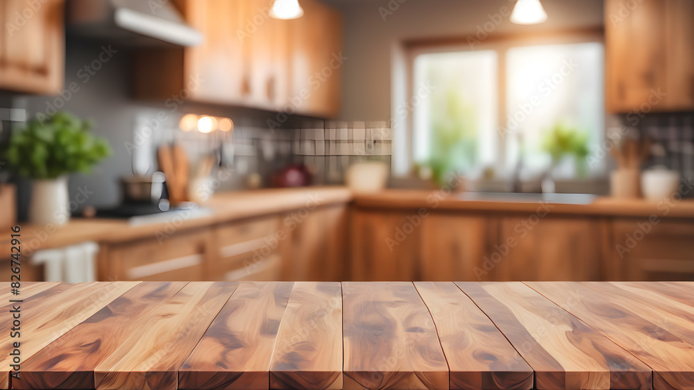 Wood table top on blurred kitchen background. can be used mock up for montage products display or design layout, Generative AI Wood table top on blurred kitchen background. can be used mock up for montage products display or design layout, Generative AI
