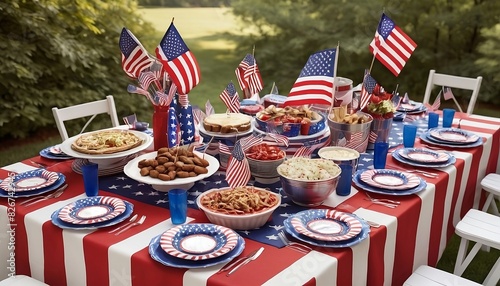 Table laden with traditional American fare, adorned with red, white, and blue decorations, while guests serve themselves in a festive outdoor setting for Memorial Day, 4th July generative ai photo