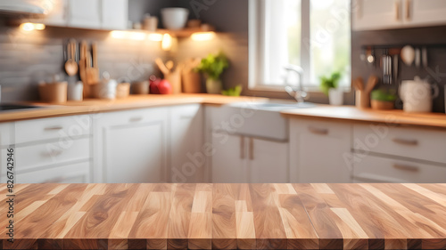 Wood table top on blurred kitchen background. can be used mock up for montage products display or design layout, Generative AI © Tark