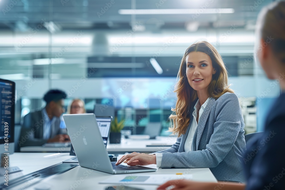 Professional Businesswoman Collaborating with Colleagues in Modern Office Environment